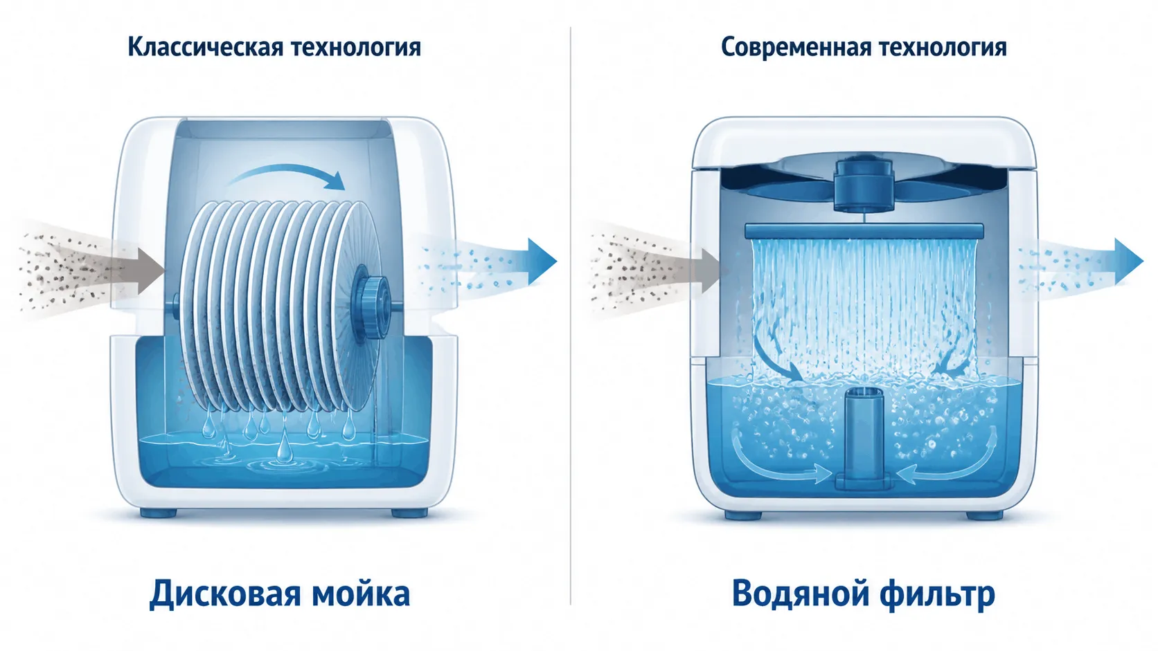 Сравнение классической дисковой мойки воздуха и современной мойки с водяным фильтром